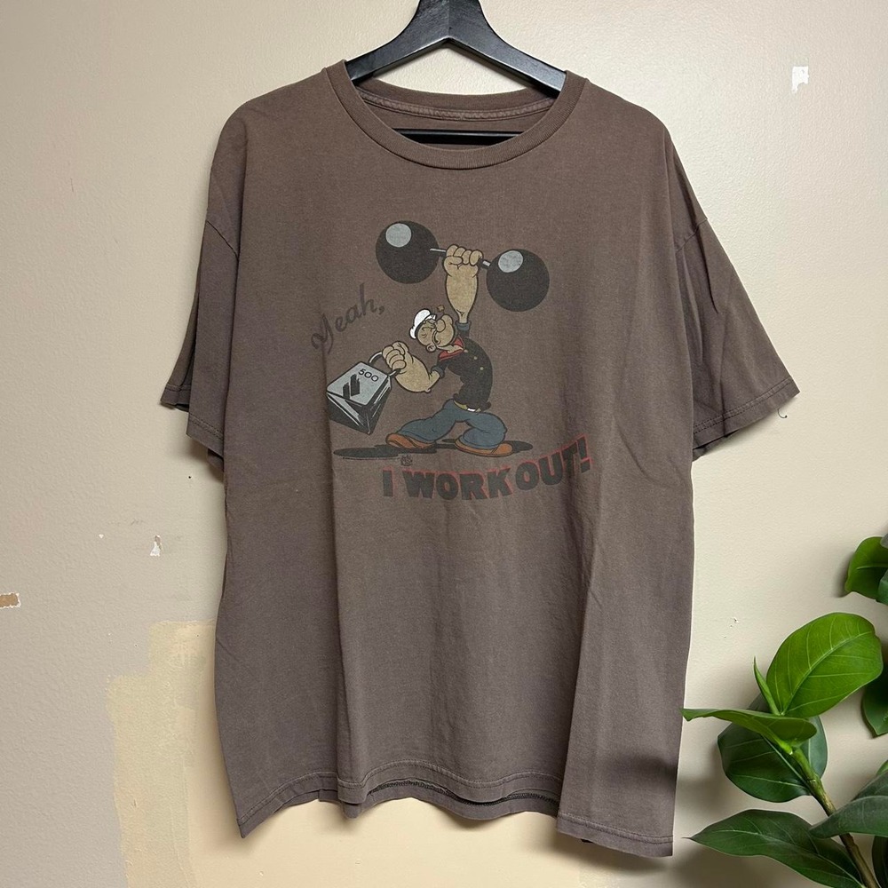 Vintage 00s Popeye Yeah I Workout Cartoon Graphic Shirt Brown Mens L